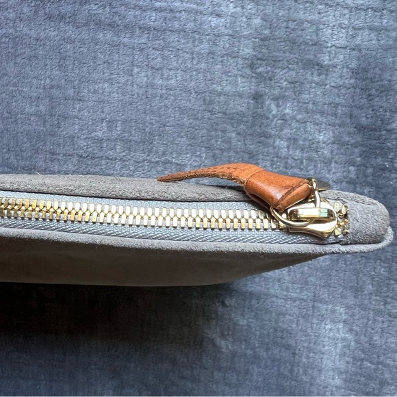 Clare V. Suede Gray Clutch Bag Black Pink Red Leather Stripes Gold Tone Charm
